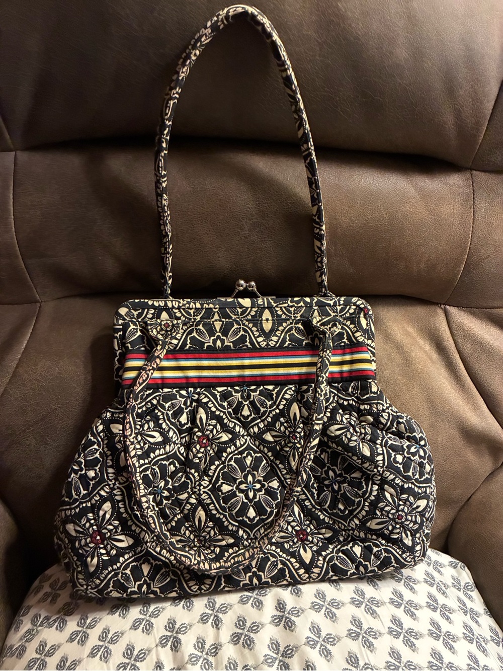 Black Floral Pattern Shoulder Bag with Multicolor Stripe Accent Vera Bradley!!